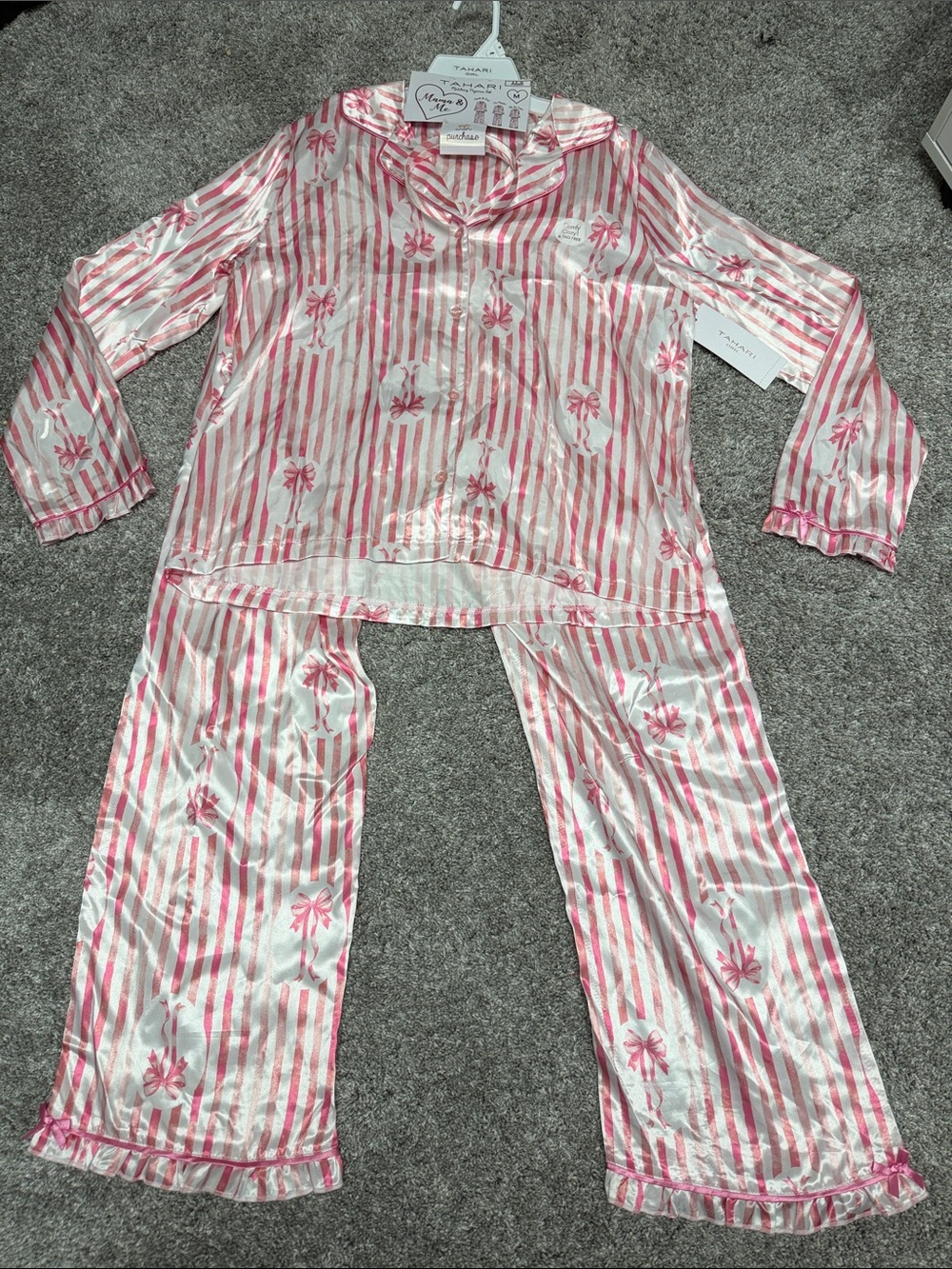 Tahari Pink & White Striped Floral Satin Pajama Set